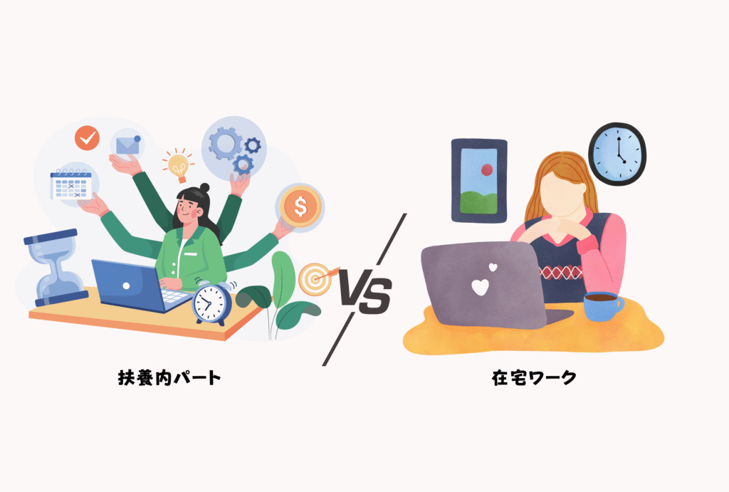 扶養内パートと在宅ワーク、どちらにするか悩んでいる様子を表す